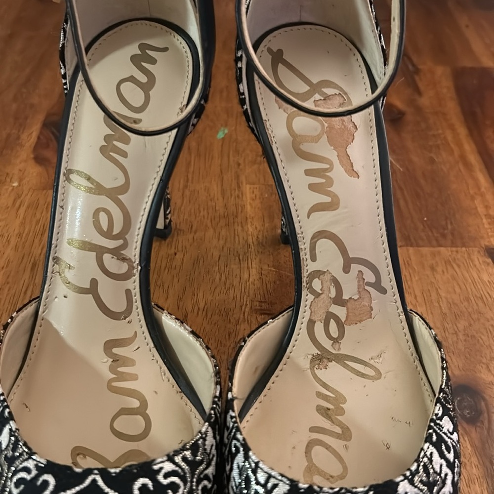 Sam Edelman Black and White Brocade Pointed-Toe Ankle-Strap Heels - Picture 7 of 7